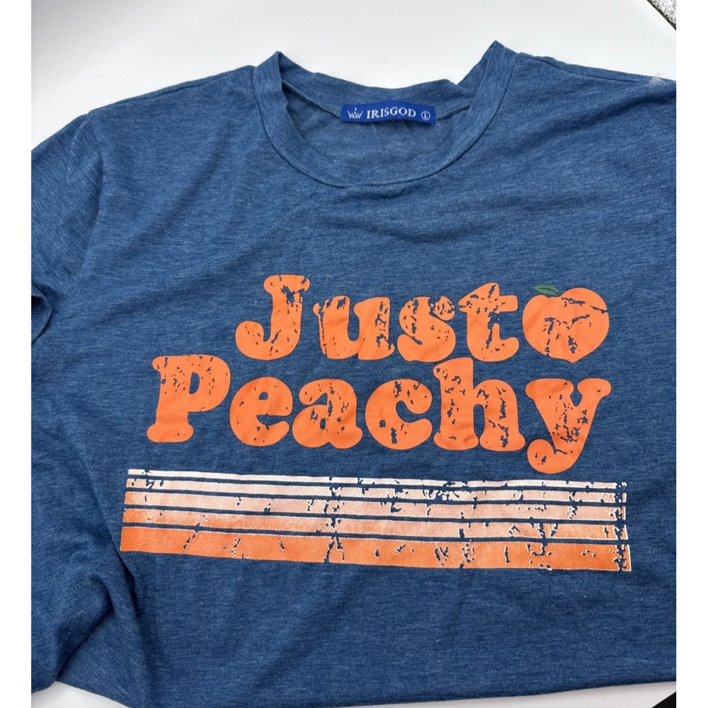 Just Peachy Womens Large‎ heather Blue Irisgod T-Shirt distressed Funny Slogan